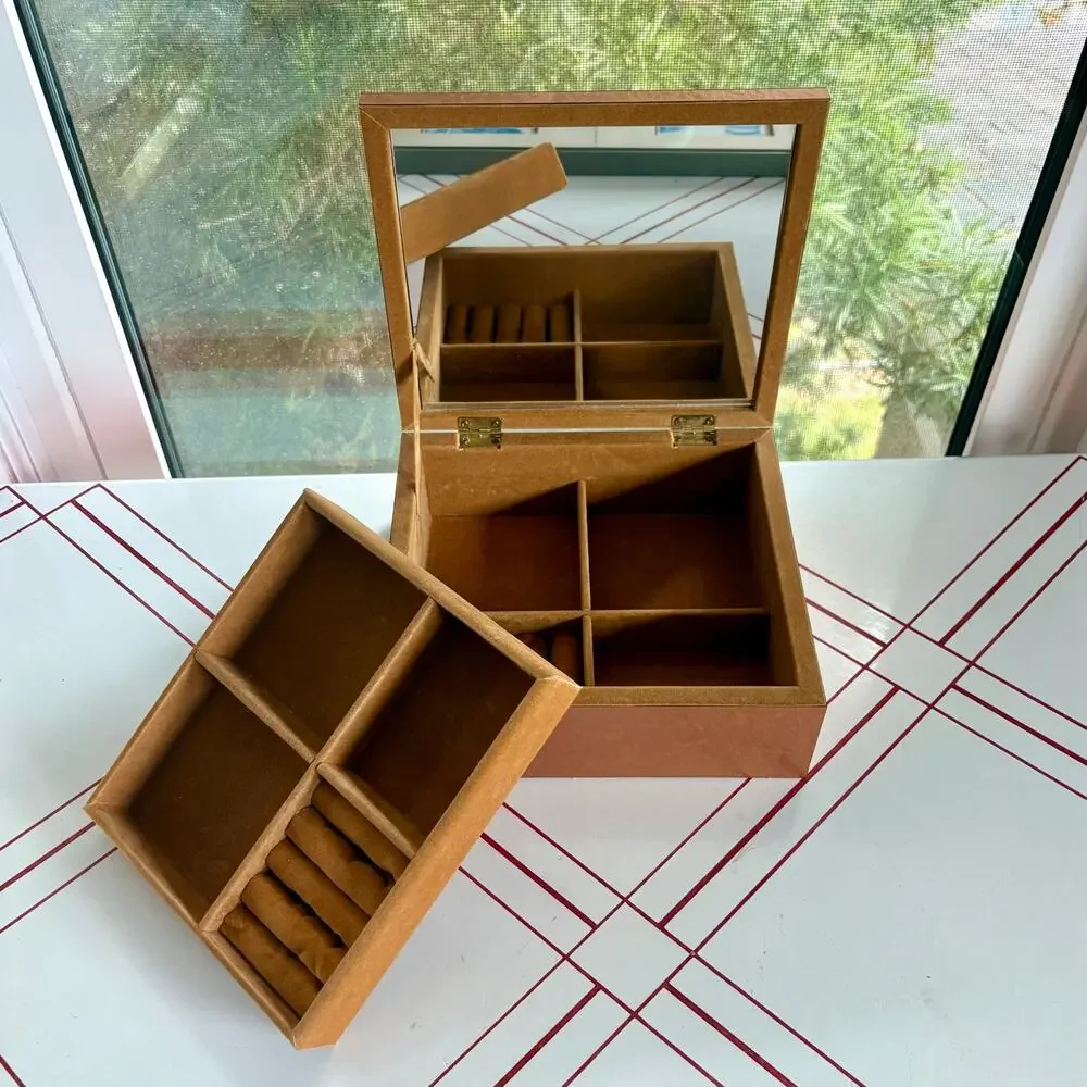 Vintage Mirrored Jewelry Box with 2 Removable Velvet Trays Brown Finish